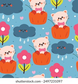 cute seamless pattern cartoon cat inside cupcake with flower and sky element. cute wallpaper for fabric print, gift wrap paper