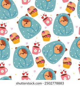 cute seamless pattern cartoon cat wrapped in blanket with dessert and hot chocolate. cute animal pattern for gift wrap paper