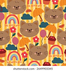 süße nahtlose Muster Cartoon Katze mit Himmelselement Zeug. süßes Tiermuster auf weißem Hintergrund für Geschenkpapier und Tapete