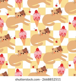 cute seamless pattern cartoon cat with cute strawberry ice cream in checkered wallpaper. cute animal and dessert pattern