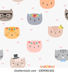 Cute seamless pattern with cartoon cats. Background for little kids. Funny animals. Vector illustration