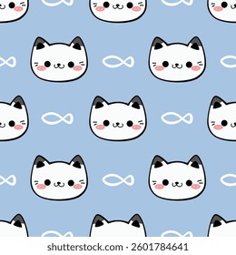 Cute seamless pattern with cartoon cats and fish on blue background