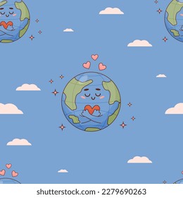 Cute seamless pattern with cartoon character enamored planet Earth with heart on blue background with clouds. Vector Illustration for kids collection, wallpaper, design, textile, packaging, decor