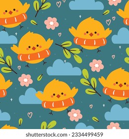 cute seamless pattern cartoon chick wearing swim ring lifebuoy with cute nature element