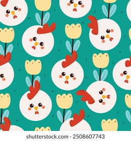 cute seamless pattern cartoon chicken and flower. cute wallpaper for fabric print, gift wrap paper