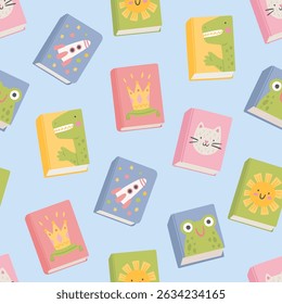 Cute seamless pattern with cartoon children books. Hand-drawn texture with different books covers. Vector background for wrapping paper or textile