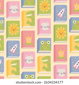 Cute seamless pattern with cartoon children books. Hand-drawn texture with different books covers. Vector background for wrapping paper or textile