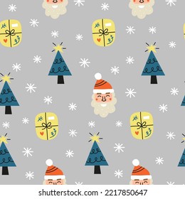 Patrón perfecto con dibujos animados de Navidad e iconos de invierno al estilo escandinavo.