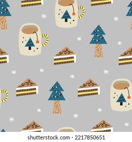 Patrón perfecto con dibujos animados de Navidad e iconos de invierno al estilo escandinavo.
