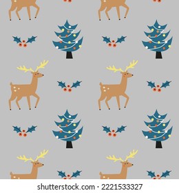 Cute seamless pattern with cartoon Christmas trees, mistletoe and deers in Scandinavian style.