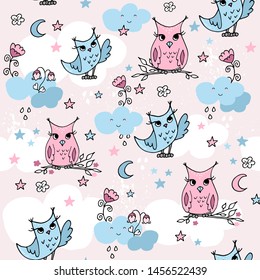 Cute seamless pattern with cartoon clouds amd owls. Pastel nursery background. 