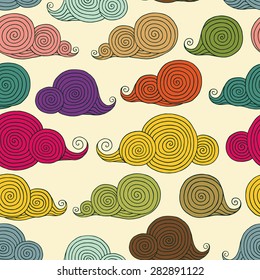 Cute seamless pattern with cartoon clouds. Romantic summer background with colored clouds floating in the sky. Hand-drawn vector can be used for wallpaper, cards, web page background.