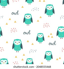 cute seamless pattern with cartoon colored owls and lettering, forest animals isolated, vector illustration