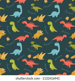 Cute seamless pattern with cartoon colorful dinosaurs