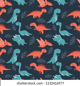 Cute seamless pattern with cartoon colorful dinosaurs