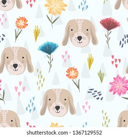 Cute seamless pattern with cartoon colorful dog heads, pink hearts and colorful childish flowers. Funny hand drawn domestic puppy texture for kids design, wallpaper, textile, wrapping paper