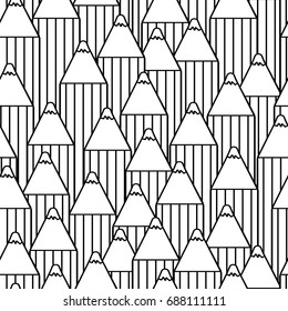 Cute seamless pattern with cartoon contour pencils. Vector illustration. White and black. 