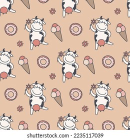 cute seamless pattern with cartoon cow with flower, ice cream and donut