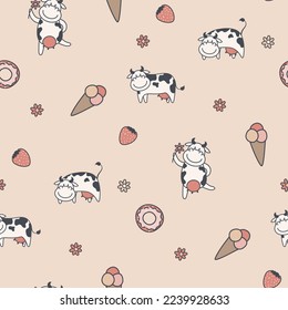 cute seamless pattern with cartoon cow, donut and ice cream