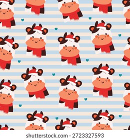 bonitinho sem emenda padrão de vaca de desenho animado com lenço vermelho no papel de parede tira azul