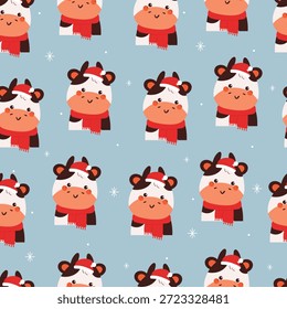 cute seamless pattern cartoon cow with red scarf in blue wallpaper