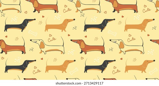 Lindo patrón sin fisuras con dachshunds de dibujos animados sobre un fondo amarillo suave, ilustración de perro juguetón perfecto para diseños de niños, papel de regalo, textiles y Fondos de pantalla