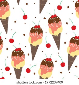 Cute seamless pattern with cartoon dessert and sweets for fabric print, textile, gift wrapping paper. colorful vector for kids, flat style