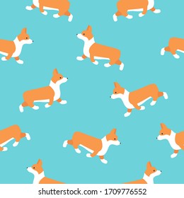 Cute seamless pattern with cute cartoon dogs breed Welsh Corgi Pembroke on green background. Flat style