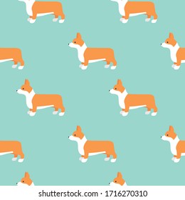 Un patrón impecable con adorables perros de caricatura engendran el galés Corgi Pembroke sobre fondo verde.