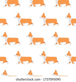 Cute seamless pattern with cute cartoon dogs breed Welsh Corgi Pembroke on white background.