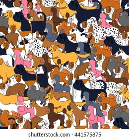 Cute seamless pattern with cartoon dogs. Set of breeds. For backgrounds, wallpapers, covers, textile, fabric and wrapping paper. Vector illustration. 