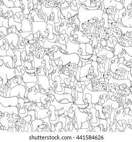 Cute seamless pattern with cartoon dogs. Set of breeds. For backgrounds, wallpapers, covers, textile, fabric and wrapping paper. Vector illustration. 