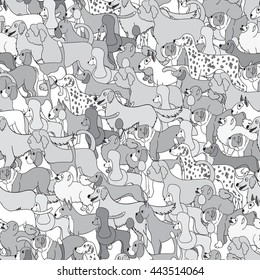 Cute seamless pattern with cartoon dogs. Set of breeds. For backgrounds, wallpapers, covers, textile, fabric and wrapping paper. Vector illustration. 