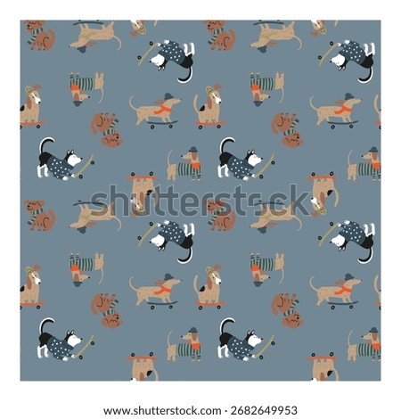 Cute seamless pattern with cartoon dogs on skateboards. A funny and playful vector illustration of pets for kids' apparel.
