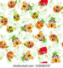 Cute seamless pattern with cartoon emoji fruits