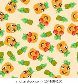 Cute seamless pattern with cartoon emoji fruits