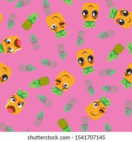 Cute seamless pattern with cartoon emoji fruits