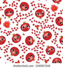 Cute seamless pattern with cartoon emoji fruits