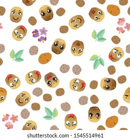 Cute seamless pattern with cartoon emoji potatoes