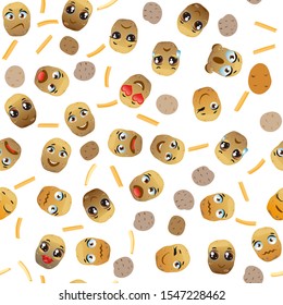 Cute seamless pattern with cartoon emoji potatoes
