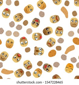 Cute seamless pattern with cartoon emoji potatoes