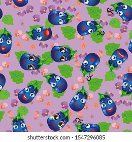 Cute seamless pattern with cartoon emoji vegetables