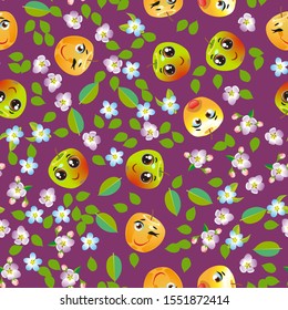 Cute seamless pattern with cartoon emoji fruits