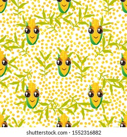 Cute seamless pattern with cartoon emoji corn