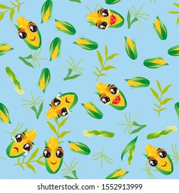 Cute seamless pattern with cartoon emoji corn