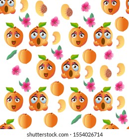Cute seamless pattern with cartoon emoji peaches