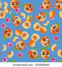 Cute seamless pattern with cartoon emoji peaches
