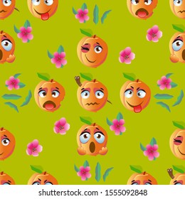 Cute seamless pattern with cartoon emoji peaches