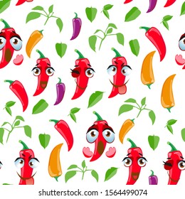 Cute seamless pattern with cartoon emoji Chili peppers