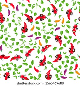 Cute seamless pattern with cartoon emoji Chili peppers